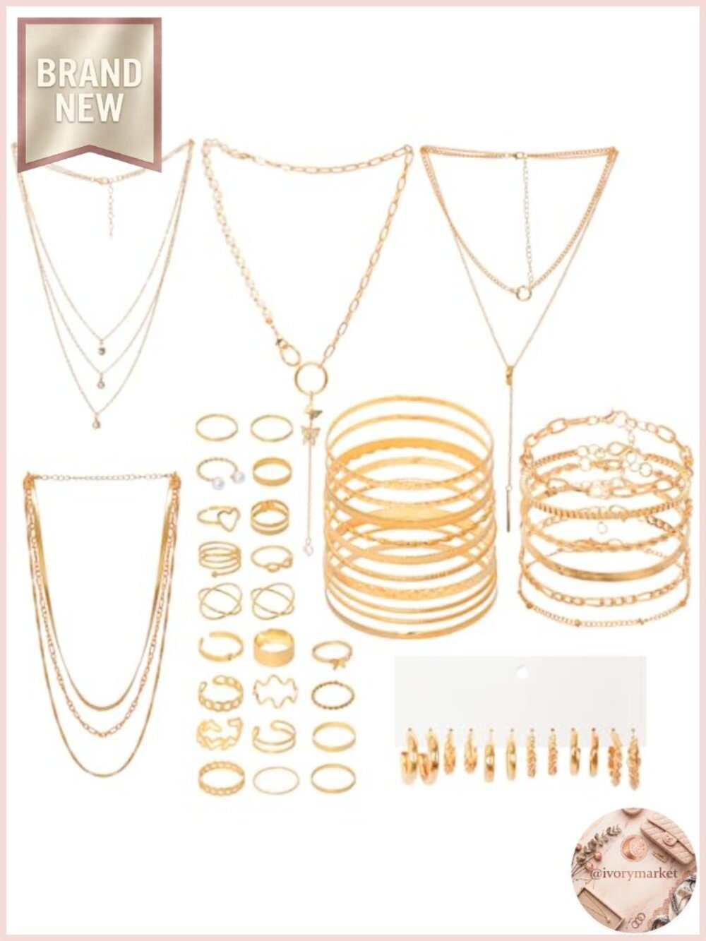 48pc Gold Jewelry Set for Women Multi Layered Necklace Knuckle Rings Stackable